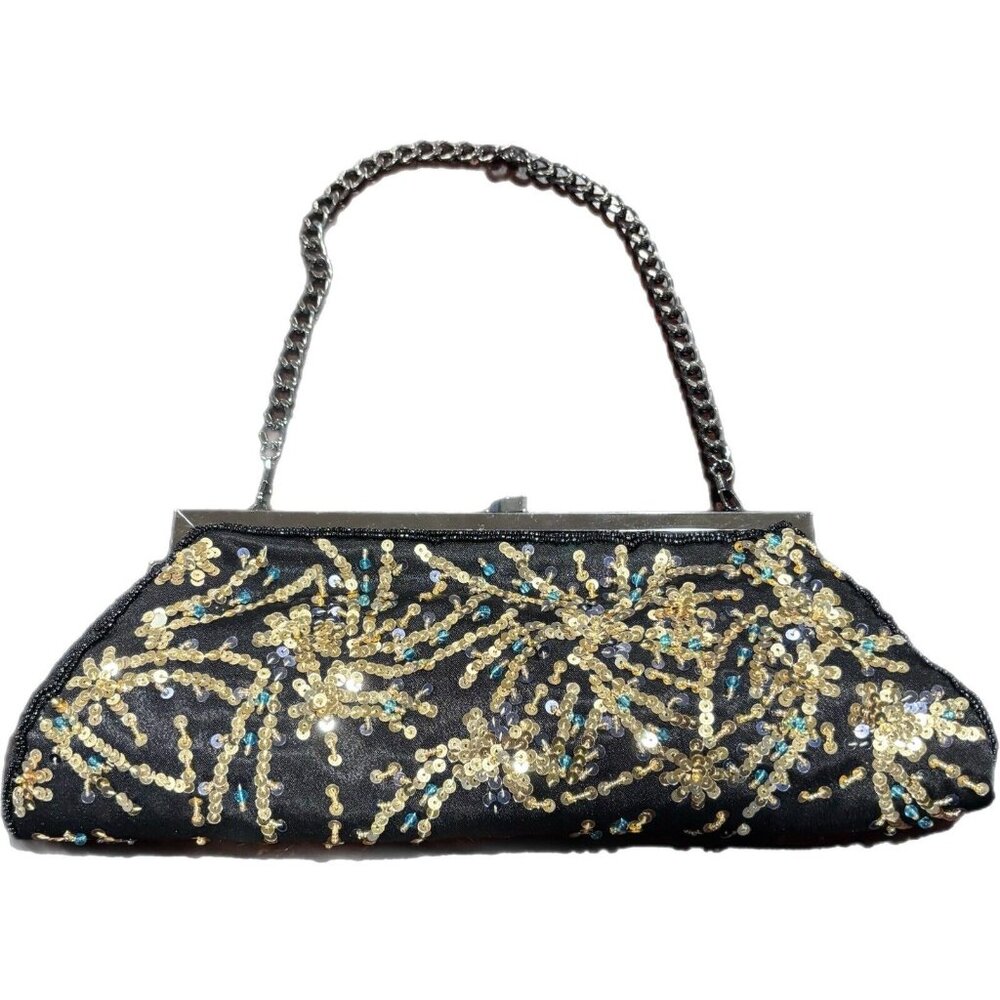 Vintage M&W Black Beaded Clutch With Chain Strap